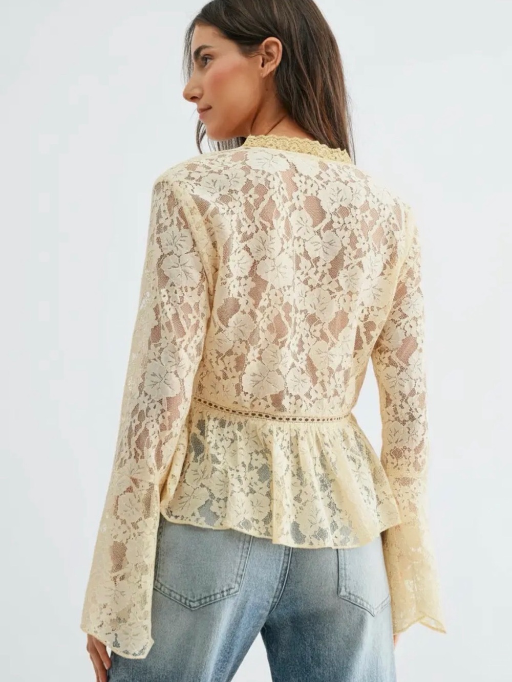 Lace Peplum Button-Front Blouse in Cream - Picture 4 of 10